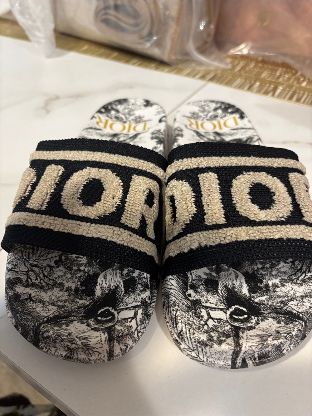 Fashion slides  Black, Cream and Gold Embroidered Logo Slide Sandals - Picture 5 of 6